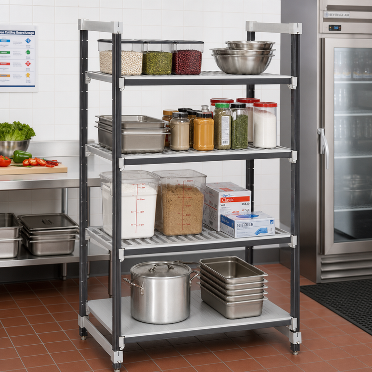 Product image #2 for Cambro Camshelving Elements XTRA 4-Tier Stationary Starter Polymer Shelving Unit, 42-Inch Wide x 24-Inch Deep x 64-Inch High, Speckled Gray