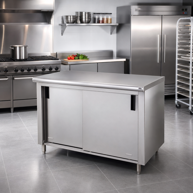 Product image #2 for Advance Tabco Special Value Economy Enclosed Work Table with Sliding Doors, 84 x 24 Inches, 304 Stainless Steel Top