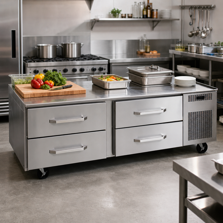 Product image #2 for Randell 72-Inch 4-Drawer Refrigerated Chef Base Equipment Stand, Left-Mounted Self-Contained R290, 6-Inch Pan Capacity