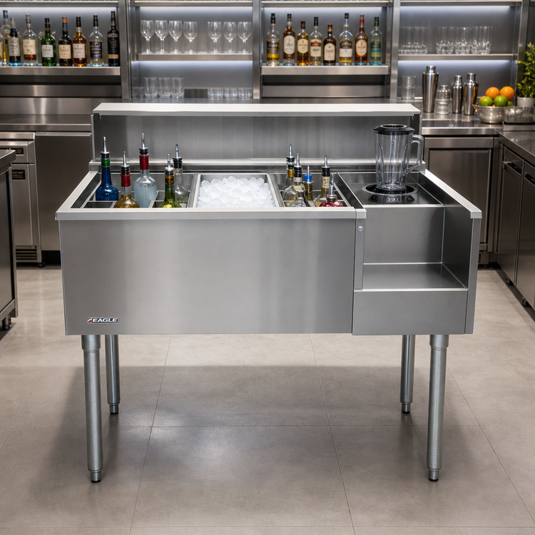 Product image #2 for Eagle 2200 Series 50-Inch Underbar Ice Bin/Cocktail Station with 8 Bottle Wells, Center Ice Bin, 7-Circuit Cold Plate and Blender Recess