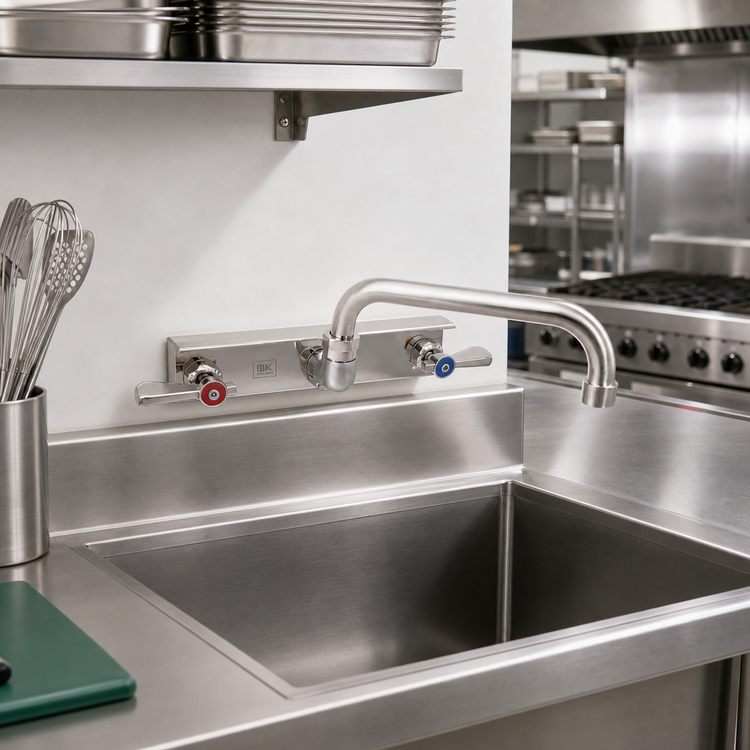Product image #2 for BK Resources Evolution Splash-Mounted Commercial Faucet with 16-Inch Swing Spout, 8-Inch Centers