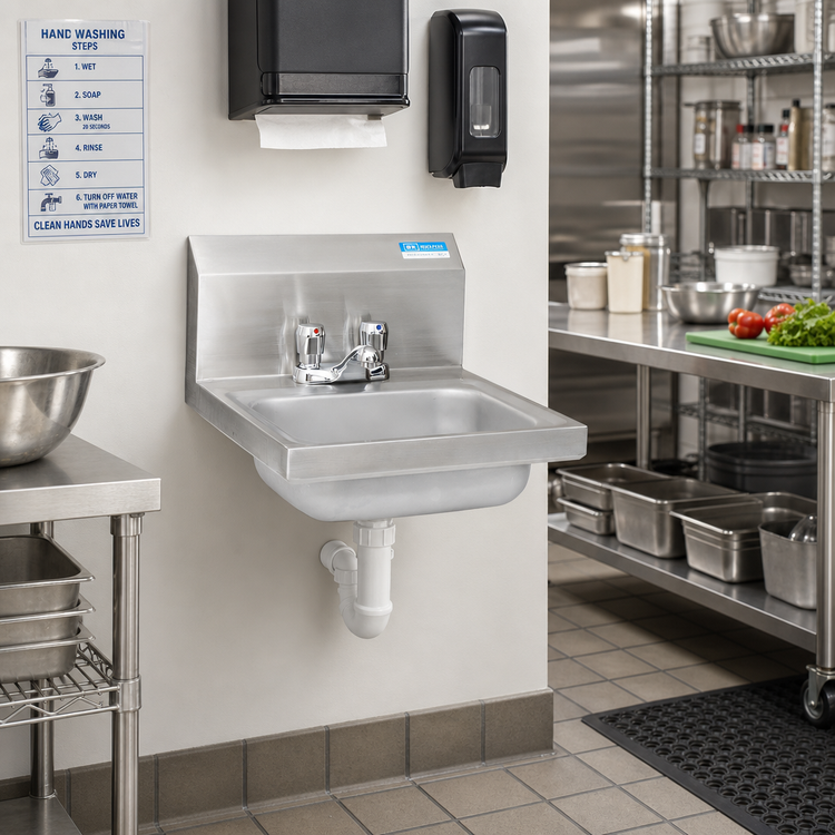 Product image #2 for BK Resources Wall-Mount Hand Sink with Metering Faucet, 14 x 10 x 5-Inch Bowl, 304 Stainless Steel