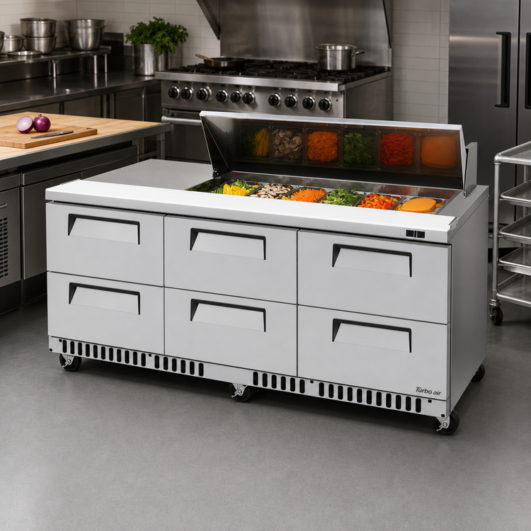 Product image #3 for Turbo Air Super Deluxe Front Breathing 72-5/8-Inch 3-Section Refrigerated Sandwich/Salad Prep Table Workstation with 12 Pans and 6 Drawers