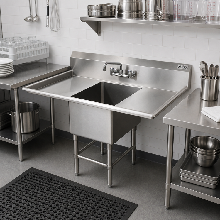 Product image #2 for John Boos B-Series 1-Compartment Sink with Dual Drainboards, 14" Deep Bowl, 16-Gauge Stainless Steel
