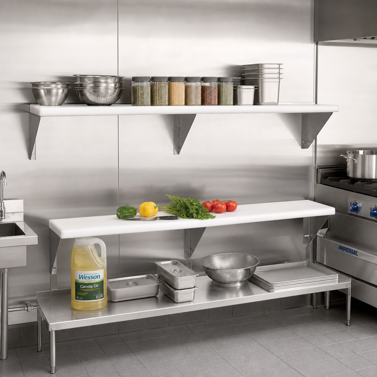 Product image #2 for Advance Tabco Triumph Supreme Stainless Steel Food Table Shelf with Removable 3/8-Inch White Poly Cutting Board, 93-1/16-Inch x 10-Inch