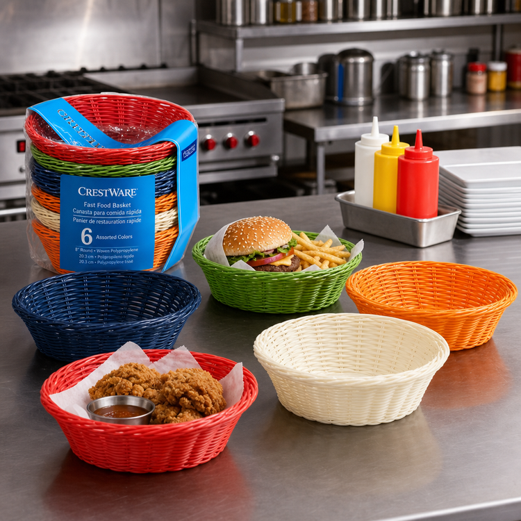 Product image #2 for Crestware 8-Inch Round Woven Polypropylene Fast Food Basket, Assorted 6-Color Set
