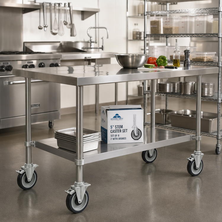 Product image #2 for Advance Tabco 5-Inch Stem Caster Set of 6 with 2 Brakes and Galvanized Legs