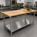 Thumbnail image #2 for John Boos TNS03 60" x 24" Maple Wood Top Work Table, 2-1/4" Thick, Stainless Steel Base with Adjustable Undershelf, No Backsplash