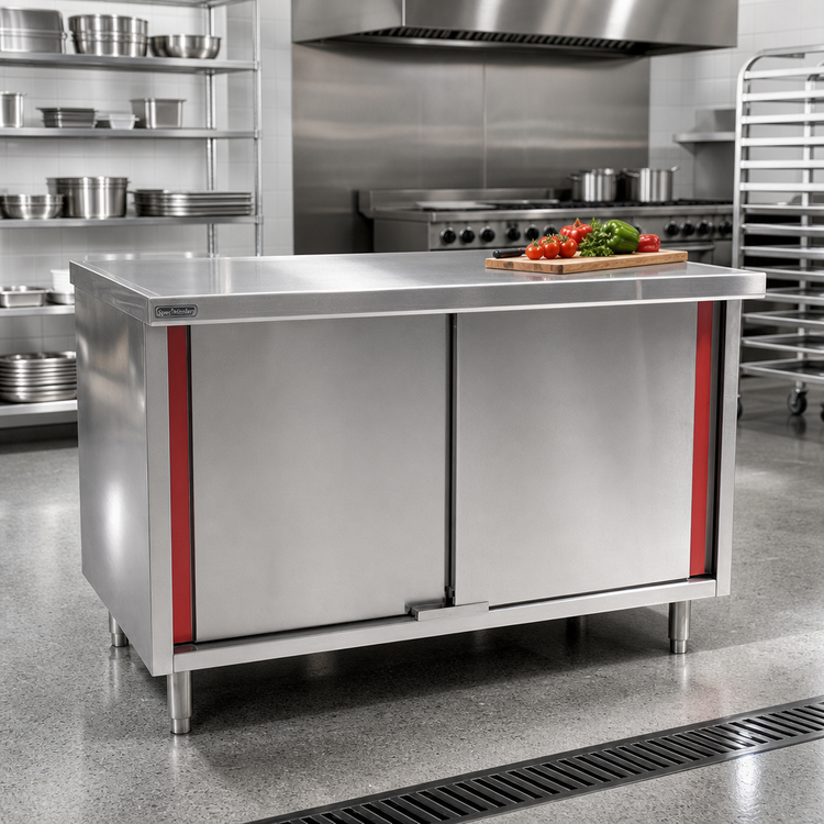 Product image #2 for Spec-Master Marine Series 120"W x 24"D Stainless Steel Work Table with Hinged Cabinet Doors