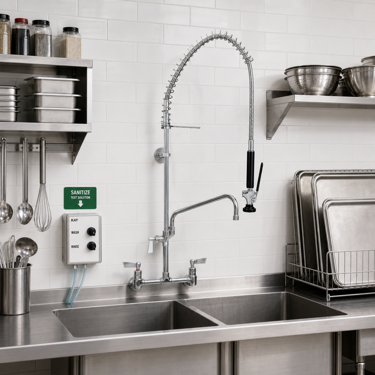 Product image #2 for 8-Inch OC Splash-Mounted Pre-Rinse Add-On Faucet with 14-Inch Spout, Spring-Action Gooseneck, and Wall Bracket