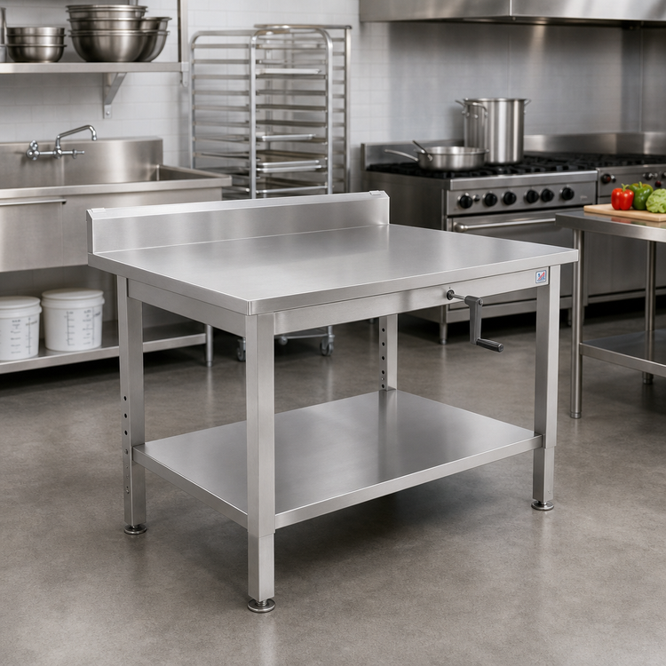 Product image #2 for John Boos ADA Adjustable-Height Stainless Steel Work Table with 5-Inch Backsplash and Undershelf, 48 x 30 Inches
