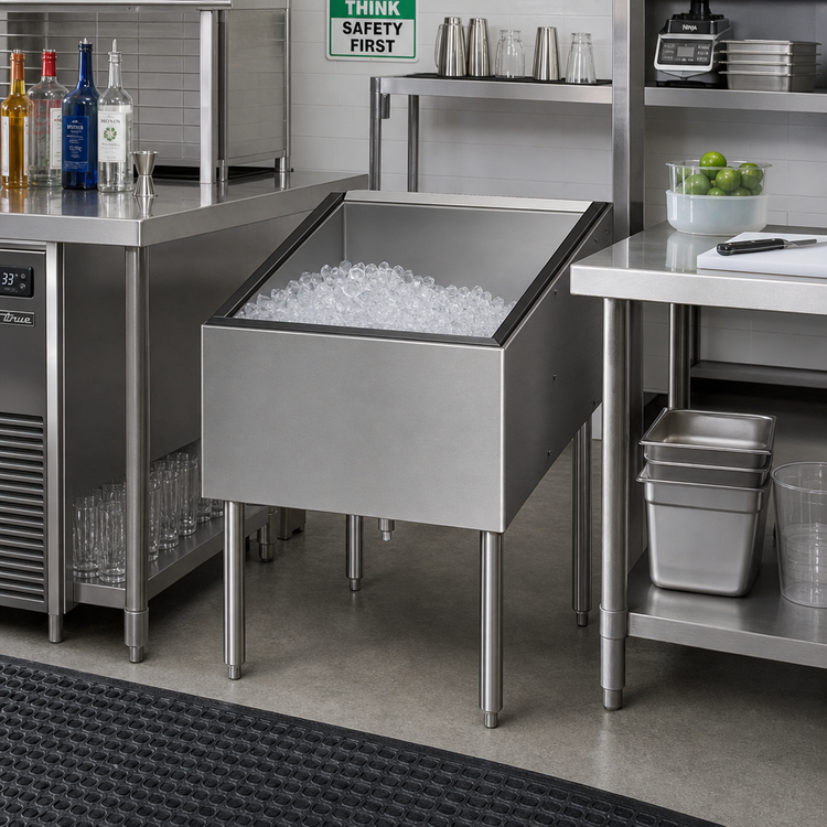 Product image #2 for CHOICE Pass-Thru Underbar Stainless Steel Ice Bin, 24 Inch W x 38 Inch D, 175 lb. Capacity