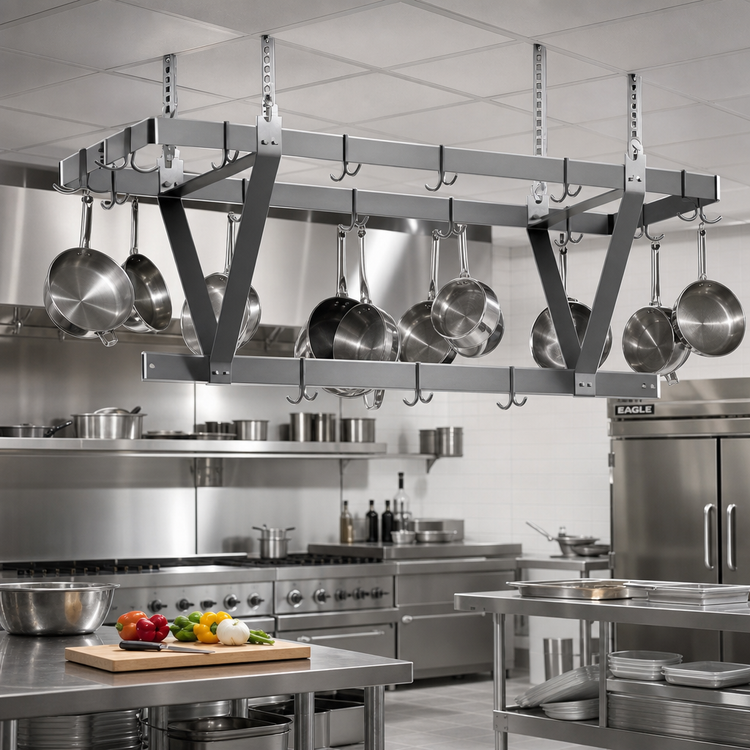 Product image #2 for Eagle Group CM132PR Ceiling-Mounted Triple-Bar Stainless Steel Pot Rack with 33 Double-Pronged Hooks