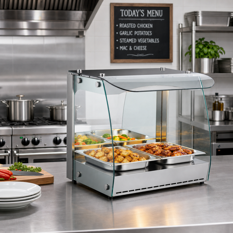 Product image #2 for Omcan Countertop Full-Service Hot Food Heated Display Case, Curved Glass, 22 Inch, 2.33 Cu. Ft.