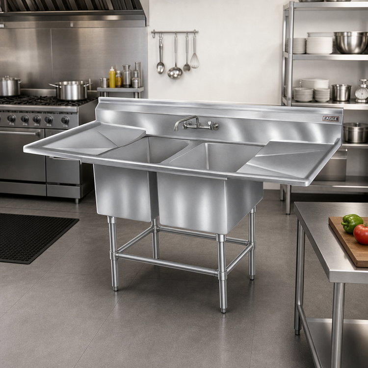 Product image #2 for Eagle Spec-Master FN Series Floor Model 2-Compartment Sink with Dual 30-Inch Drainboards, 14-Gauge 300 Series Stainless Steel