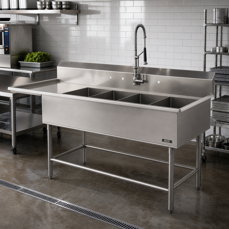Product image #2 for John Boos Pro-Bowl 4-Compartment Floor Model Sink with 24-Inch Left Drainboard, 14-Inch Deep Bowls