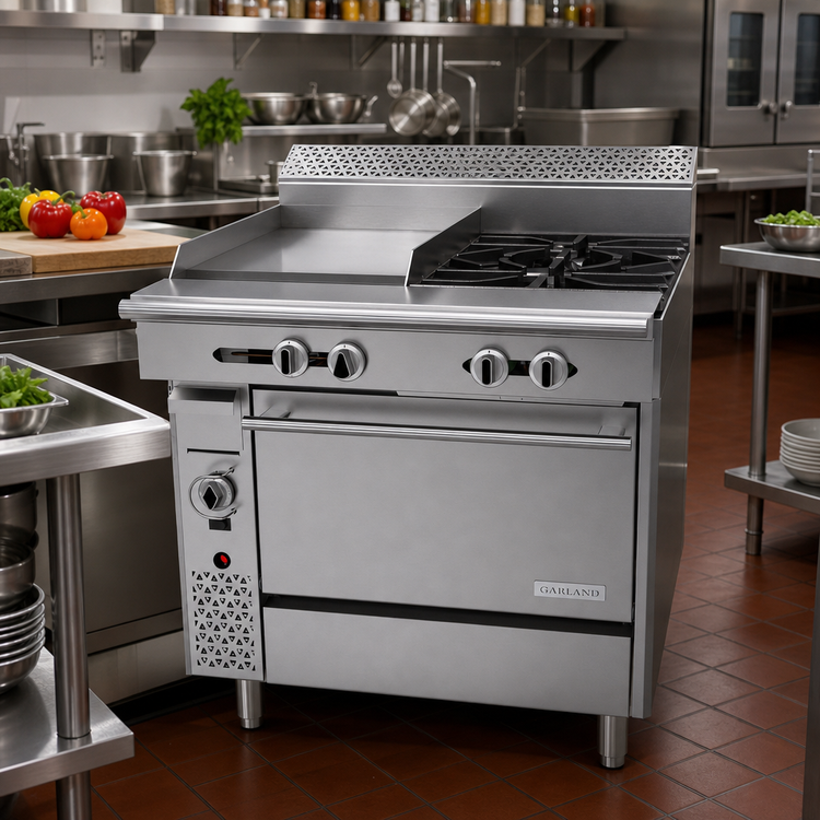 Product image #2 for Garland Cuisine Series 36-Inch Heavy Duty Gas Range with Left 18-Inch Thermostatic Griddle, 2 Open Burners, and Convection Oven