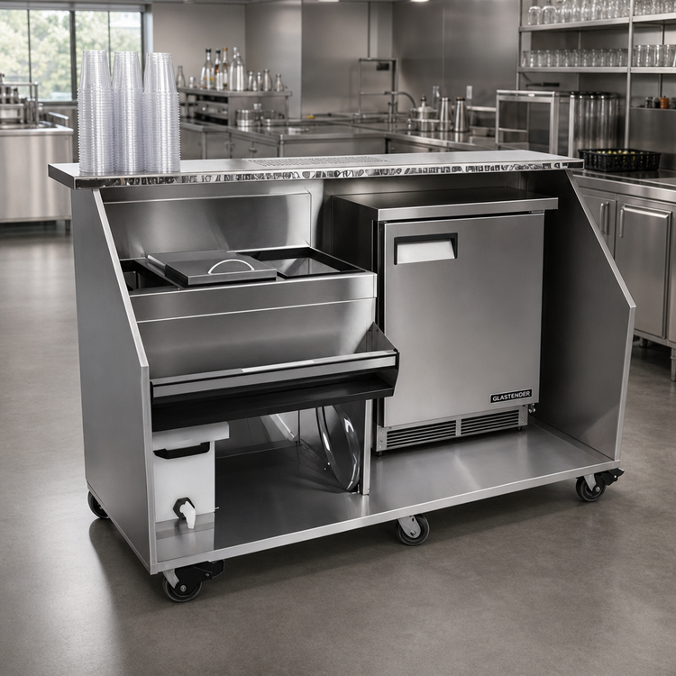Product image #2 for Glastender 96-Inch Portable Bar for Stackable Cups with Refrigerator Space, Stainless Steel