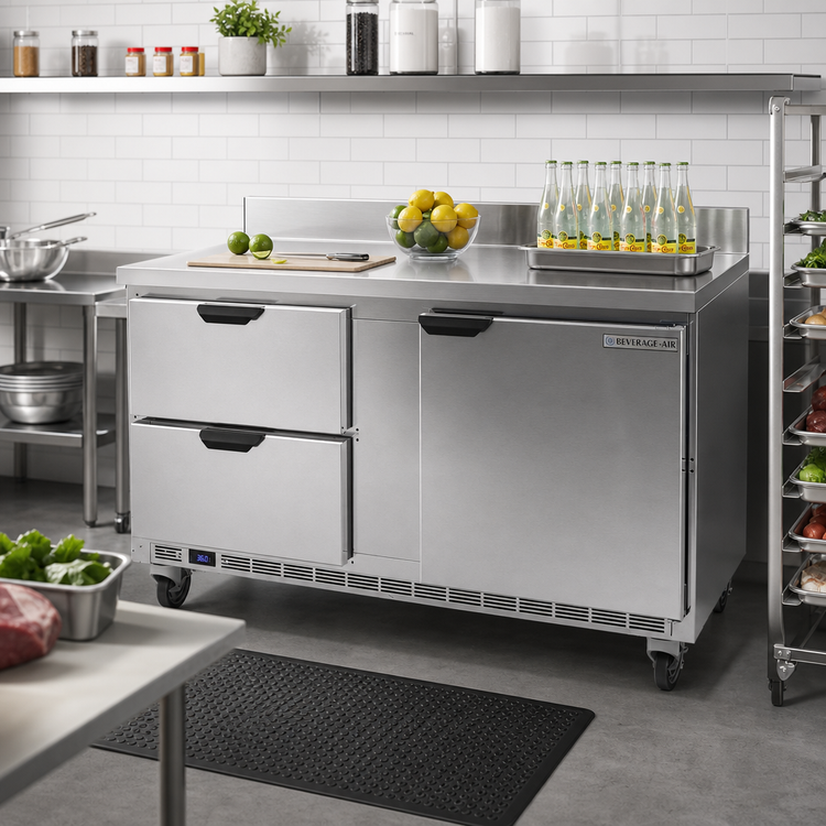 Product image #2 for Beverage-Air 60-Inch Two-Section Worktop Refrigerator with 1 Door, 2 Drawers, and Foamed-In-Place Backsplash