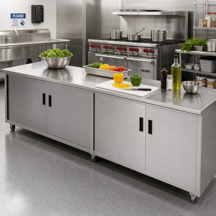 Product image #2 for Advance Tabco Special Value Series Enclosed Work Table with Hinged Door Cabinet Base, 120 Inch W x 24 Inch D, 16 Gauge 304 Stainless Steel Top