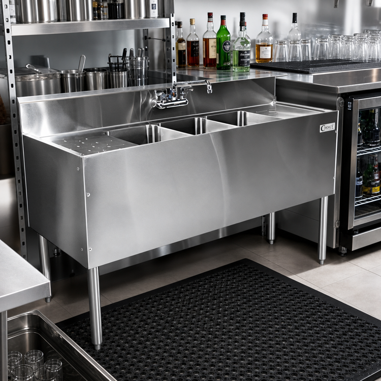 Product image #2 for CHOICE by Glastender Stainless Steel Three Compartment Underbar Sink Unit, 36" W x 24" D, Center Bowl
