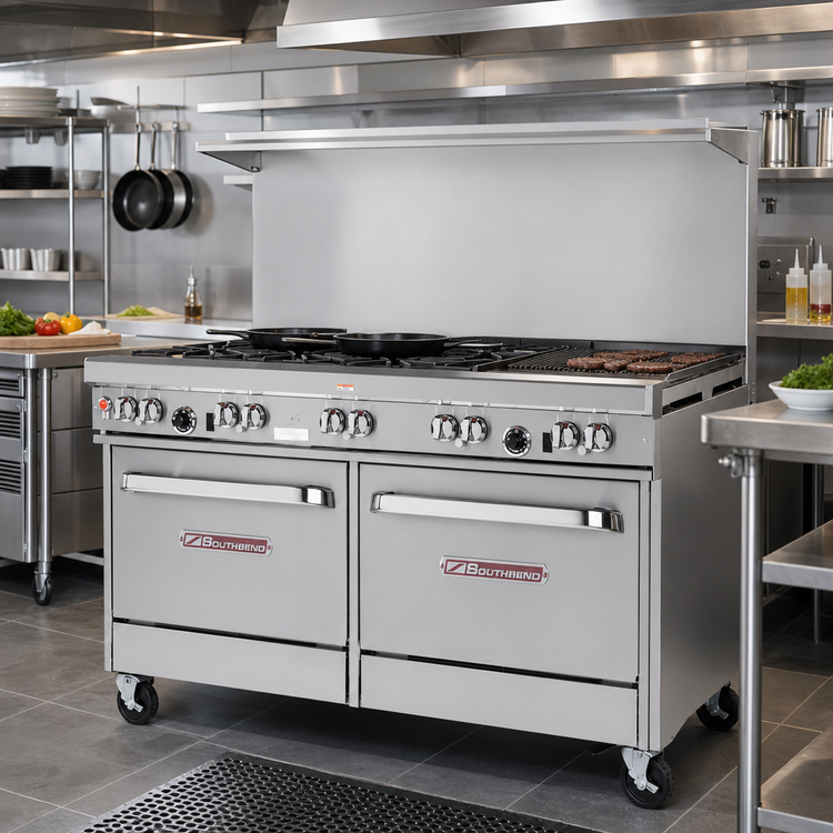 Product image #2 for Southbend Ultimate 60-Inch Gas Restaurant Range with 6 Burners, 24-Inch Charbroiler, Standard Oven and Cabinet Base