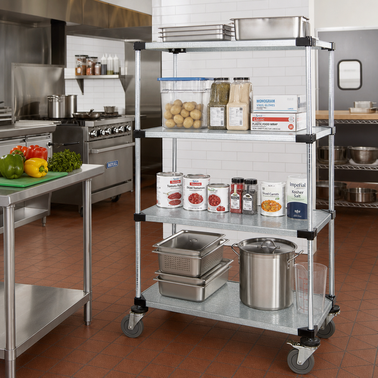 Product image #2 for Quantum Mobile Shelving Cart with 4 Solid Galvanized Steel Shelves, 60 x 18 x 69 Inches