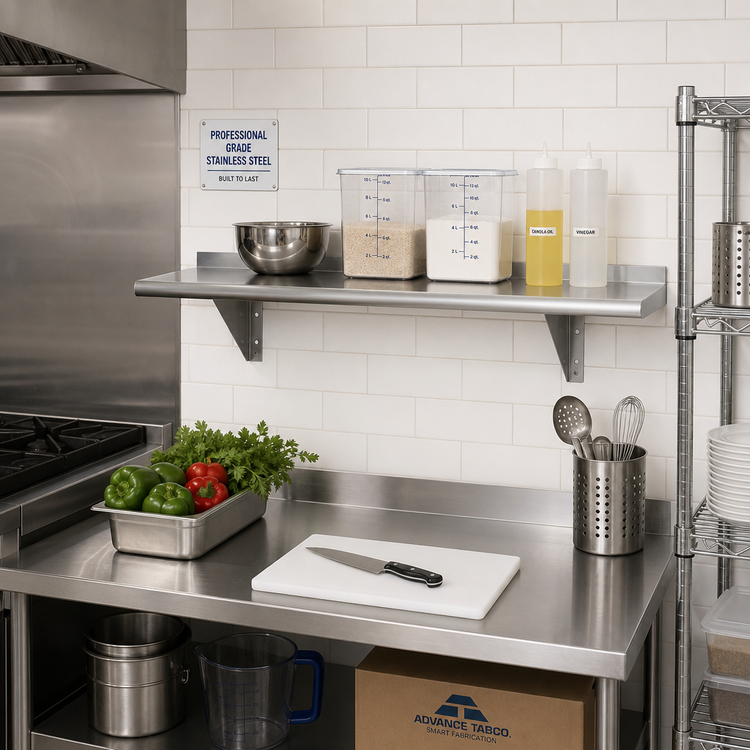 Product image #2 for Advance Tabco 42-Inch-Wide Wall-Mounted 304 Stainless Steel Shelf, 12-Inch Deep, 16 Gauge, Satin Finish