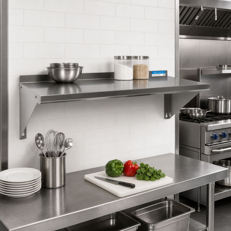 Product image #2 for BK Resources 48-Inch Wall-Mount 16-Gauge 304 Stainless Steel Shelf with 1-1/2-Inch Rear Up-Turn
