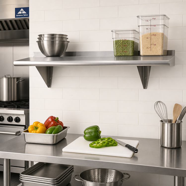 Product image #2 for Advance Tabco 60-Inch x 15-Inch Wall-Mounted 18 Gauge 430 Stainless Steel Shelf, Satin Finish