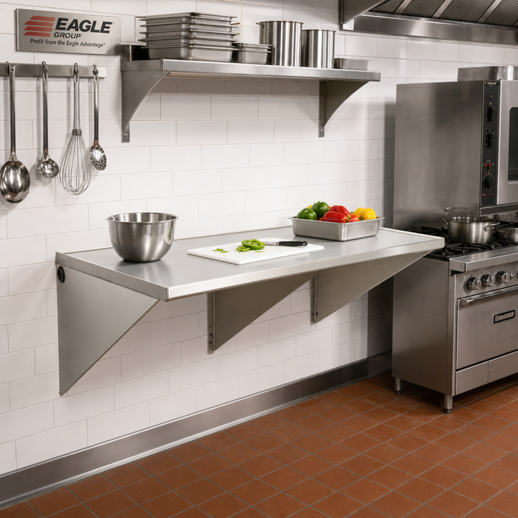 Product image #2 for Eagle Group Wall-Mount Stainless Steel Work Table, 60 x 30 Inches, 14-Gauge Rolled Edge Top