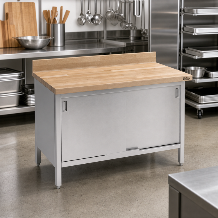 Product image #2 for John Boos 48" x 30" Wood Top Work Table with Cabinet Base, Sliding Doors, 1-3/4" Maple Top, and 4" Back Riser