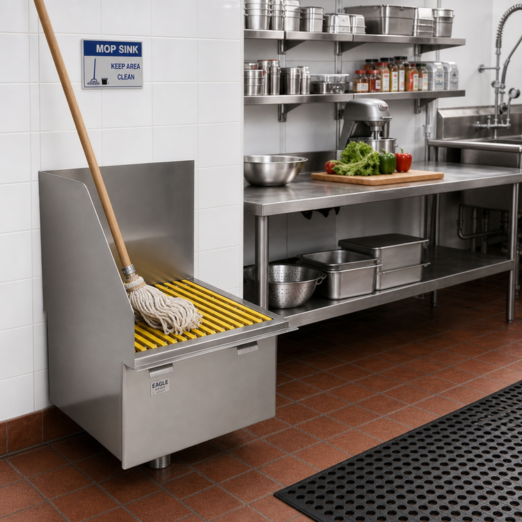 Product image #2 for Eagle Group 23.625-Inch Flush Floor-Mounted 304 Stainless Steel Mop Sink with Left End Splash and Fiberglass Grating