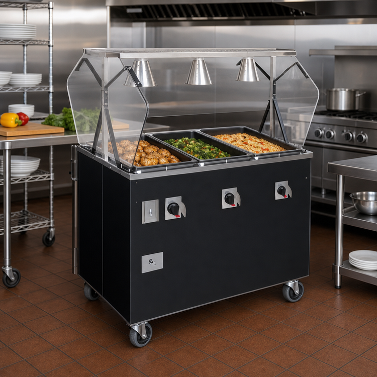 Product image #2 for Vollrath 2-Series Affordable Portable Deluxe 3-Well Mobile Hot Food Station with Buffet Breath Guard and Enclosed Base