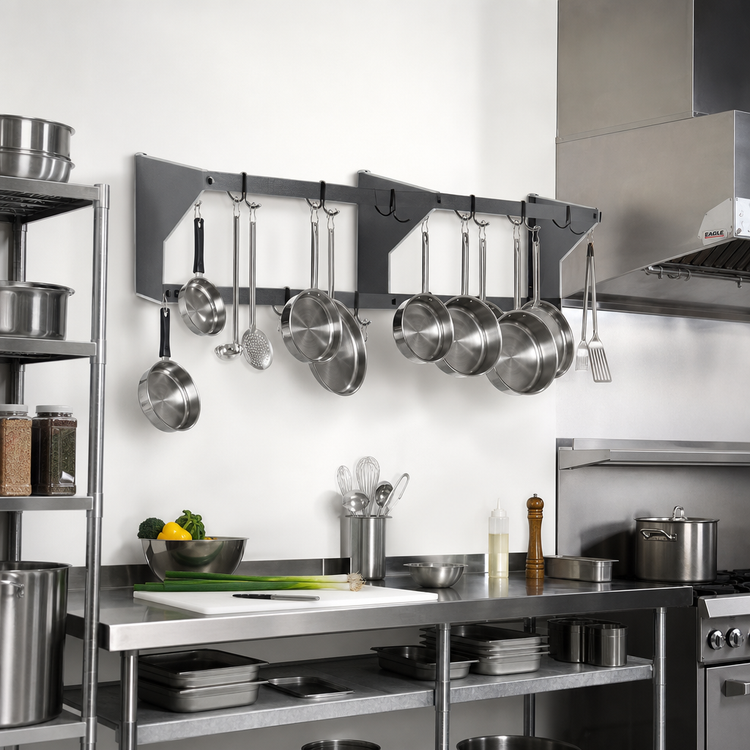 Product image #2 for Eagle Group 72-Inch Wall-Mounted Aluminum Double-Bar Pot Rack with 12 Hooks