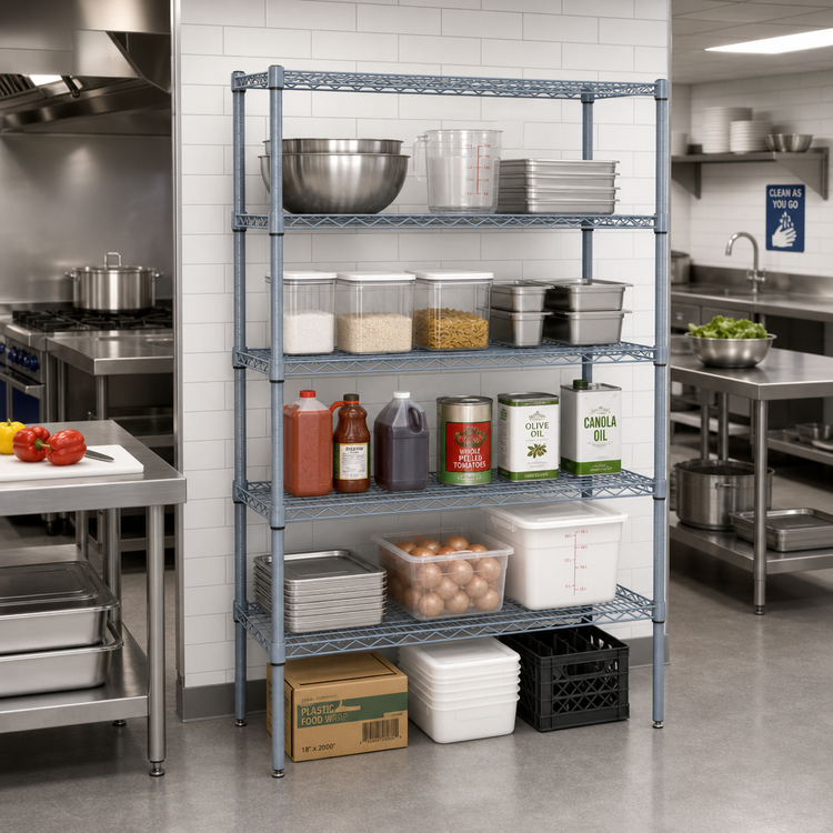 Product image #2 for Quantum 5-Shelf Stationary Wire Shelving Starter Kit, 48"W x 12"D x 86"H, Gray Epoxy Antimicrobial Finish