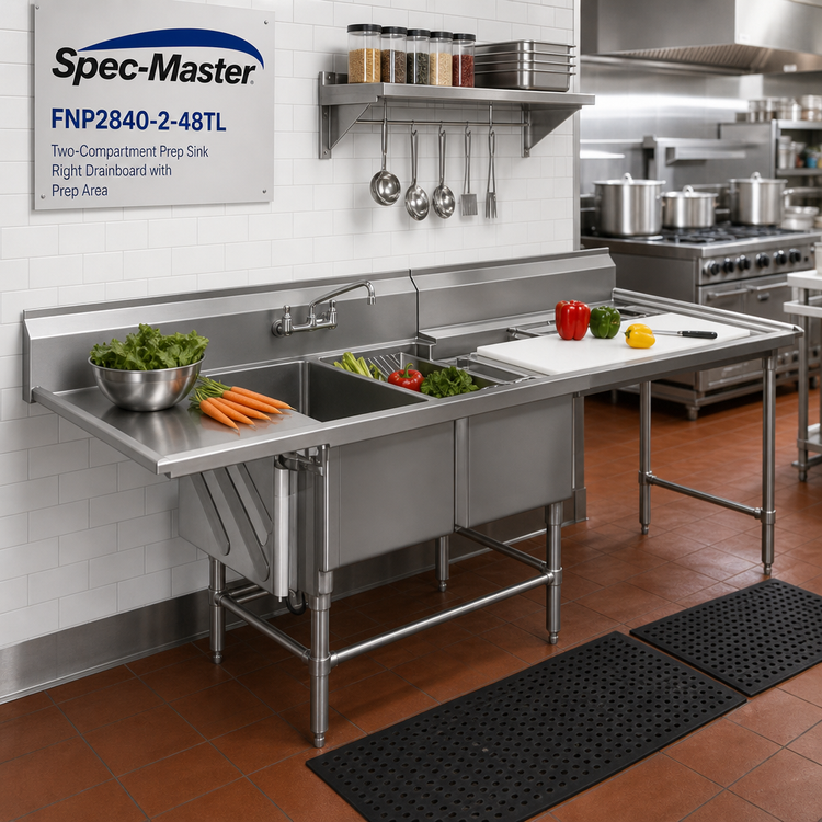 Product image #2 for Spec-Master FNP2840-2-48TL Two-Compartment Stainless Steel Prep Sink with Right Drainboard and Prep Area