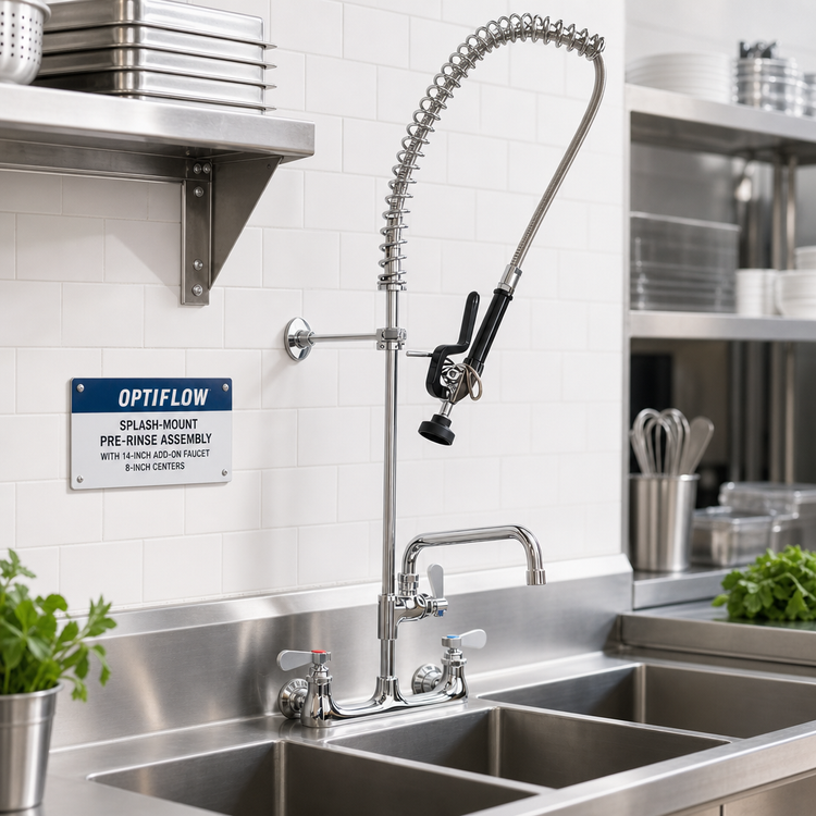 Product image #2 for OptiFlow Splash-Mount Pre-Rinse Assembly with 14-Inch Add-On Faucet, 8-Inch Centers