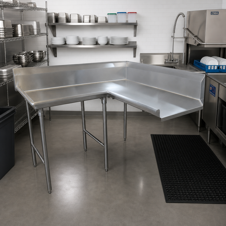 Product image #2 for Korner Clean L-Shaped Left-Hand Dish Table, 107 Inch, 10-1/2 Inch Backsplash, 16 Gauge 304 Stainless Steel