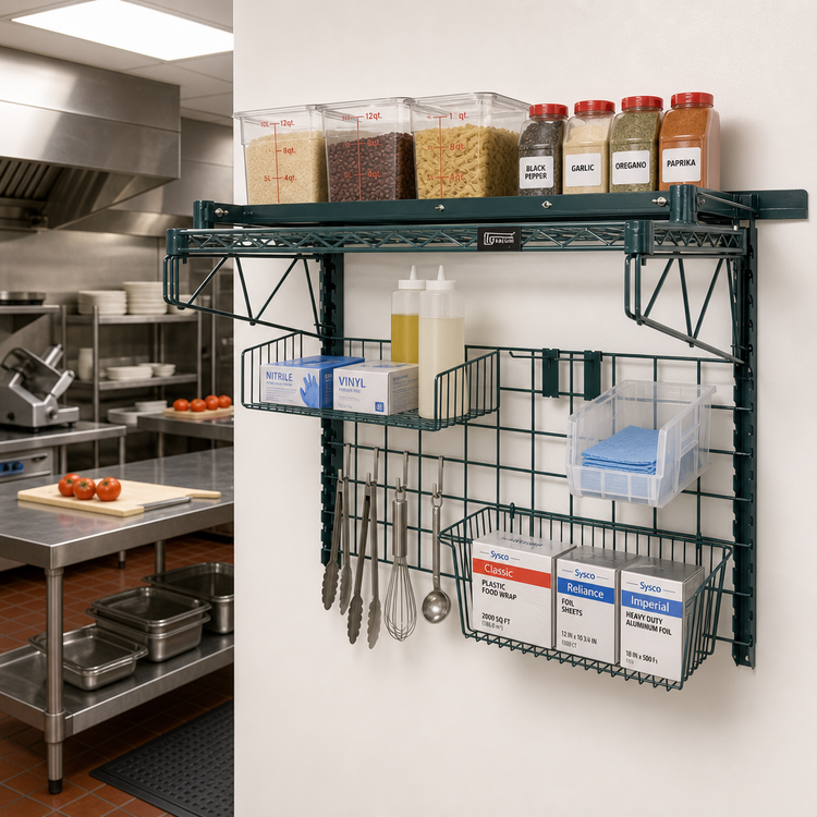 Product image #2 for Quantum Store Grid Medium-Duty Wall-Mount Starter Kit with Shelf, Grid Panel, Basket, Hooks and Clear Bin