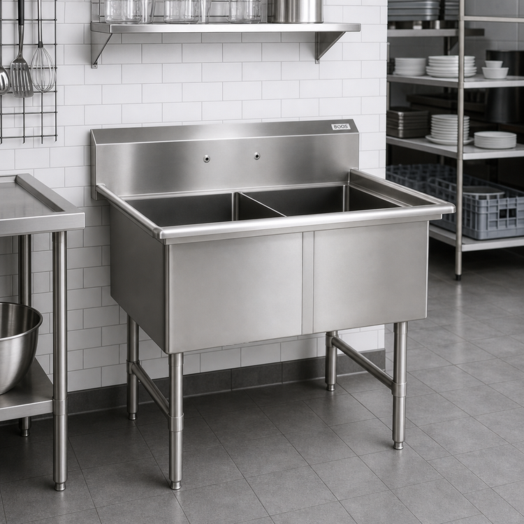 Product image #2 for John Boos B-Series 2-Compartment Stainless Steel Sink with 10-Inch Backsplash, 37-1/8"W x 25-1/2"D x 44"H