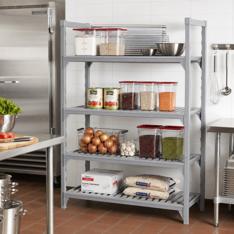 Product image #3 for Cambro Camshelving Premium 18" x 60" Vented 4-Shelf Shelf Kit, Speckled Gray