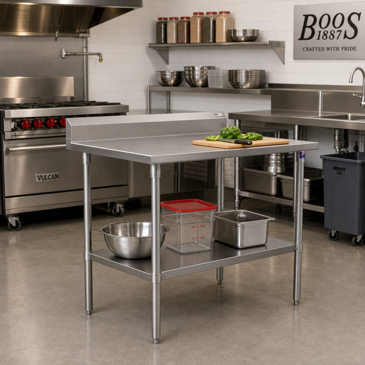 Product image #2 for John Boos Stallion Stainless Steel Top Work Table with 5-Inch Backsplash, Safety Edge, and Fixed Undershelf, 48 x 36 Inches