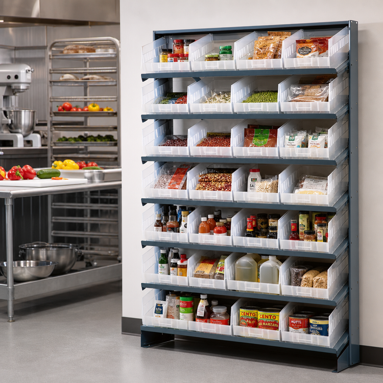 Product image #2 for Quantum Sloped Single-Sided Steel Pick Rack with 8 Shelves and 24 Clear Bins, 36W x 12D x 63-1/2H