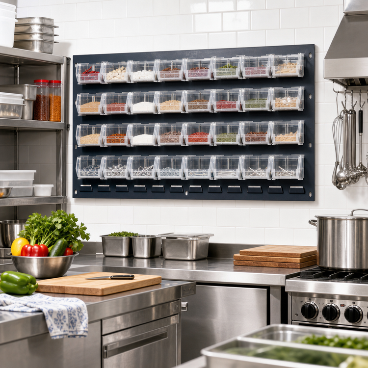 Product image #2 for Quantum Wall-Mounted Louvered Panel Starter Unit with 32 Clear Bins, 36 x 8 x 19 Inches