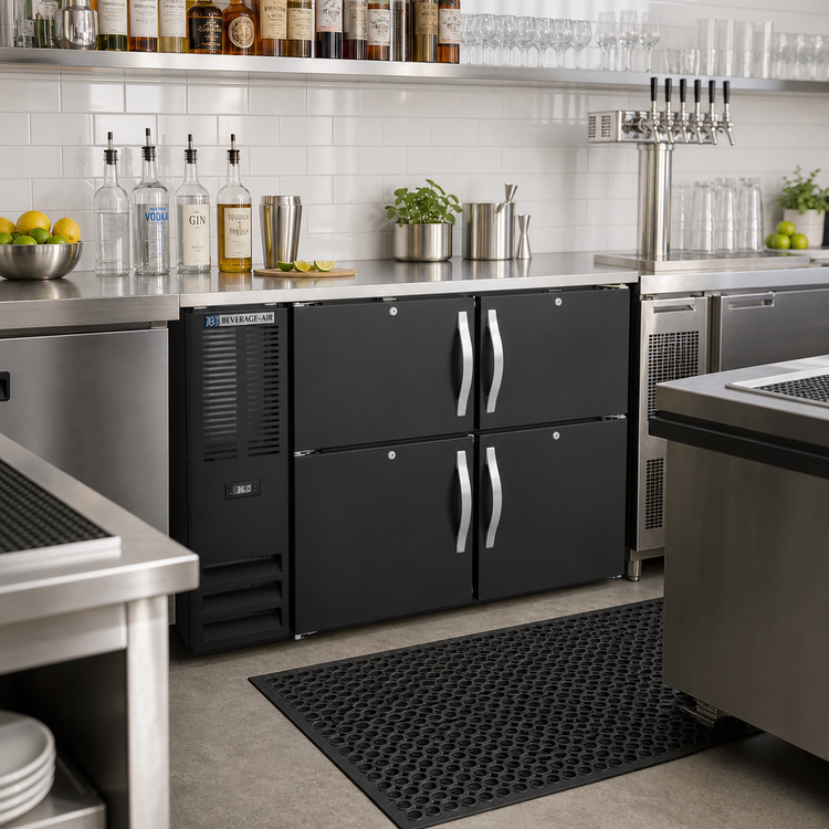 Product image #2 for Beverage Air 48-Inch Two-Section Pass-Thru Back Bar Refrigerator with 4 Solid Locking Doors, Right-Mounted Self-Contained R290 Refrigeration