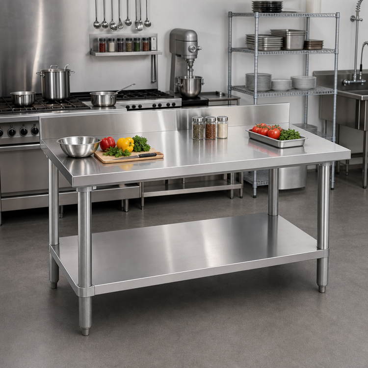 Product image #2 for Omcan Standard Series 60-Inch x 24-Inch Stainless Steel Work Table with 4-Inch Backsplash and Undershelf