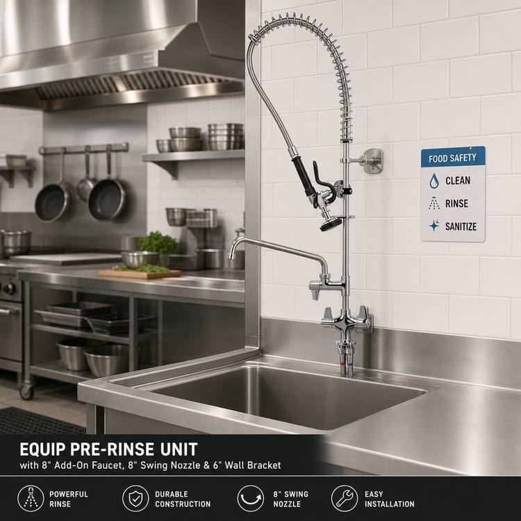 Product image #2 for Equip Single-Hole Deck-Mount Pre-Rinse Unit with 8" Add-On Faucet, 8" Swing Nozzle and 6" Wall Bracket