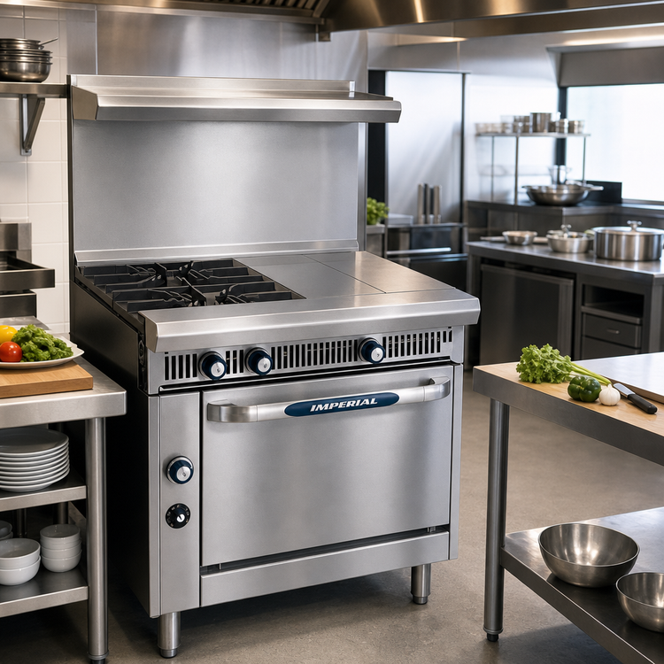 Product image #2 for Imperial Spec Series 36-Inch Heavy Duty Commercial Gas Range with 2 Open Burners and 2 Hot Tops, Open Cabinet Base