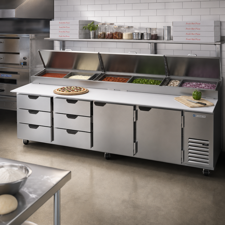 Product image #2 for Beverage-Air DPD119HC-6T Four-Section Pizza Top Refrigerated Counter, 119-Inch Wide, 6 Drawers, 2 Doors